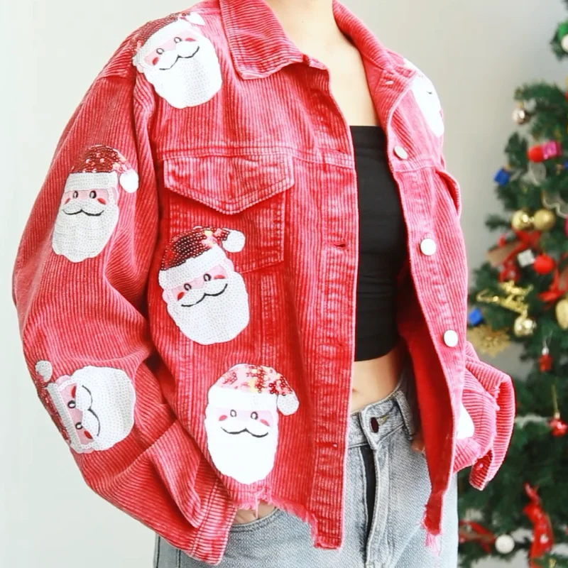 Sequined Santa Claus Vintage Jackets Single Breasted Christmas Corduroy Jackets Coats Retro Coats Chaqueta Navidad Mujer 4