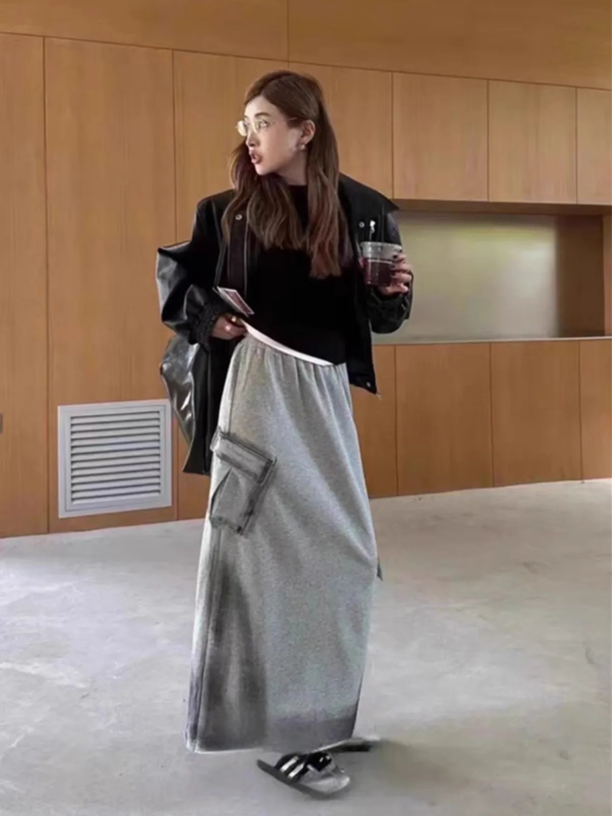 Women's Grey Cargo Skirt Y2k Elegant Streetwear A-Line Long Skirt Harajuku Korean Vintage 90s High Waist Skirts Clothes women solid skirts