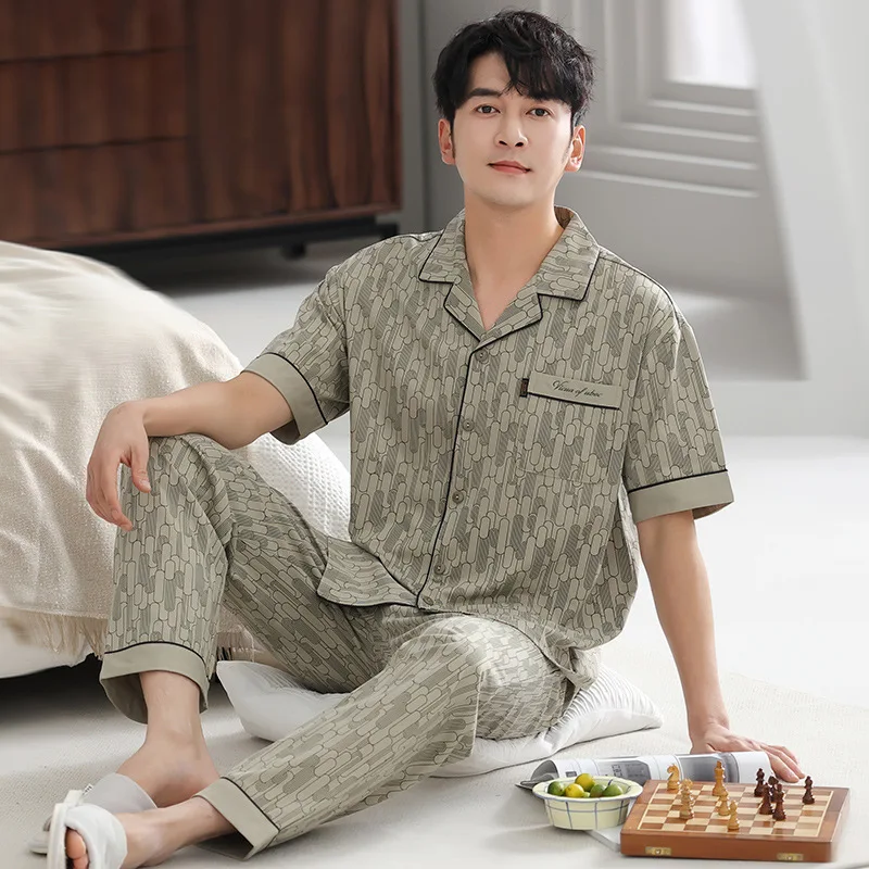 Summer Men's Thin Pure Cotton Pajamas Lapel Short Sleeve Cardigan Pants Oversized Home Clothing Set Casual Comfortable Sleepwear