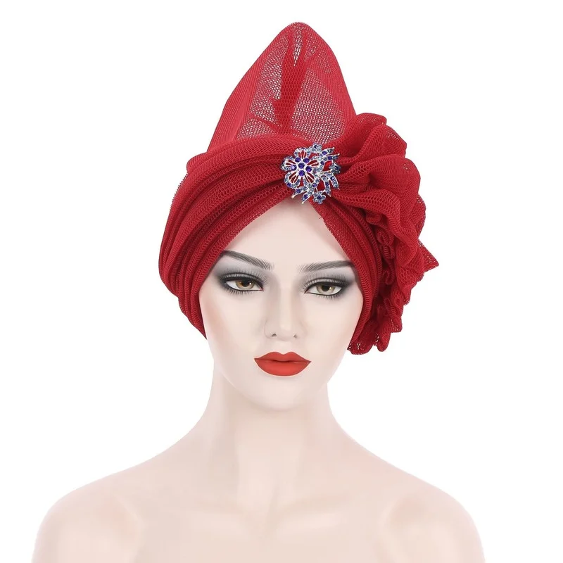 Breathable Auto Gele Headgear Turbans Laminated Fashion African Multicolor Headscarf Muslim Hat for Women Aso Oke Already Made