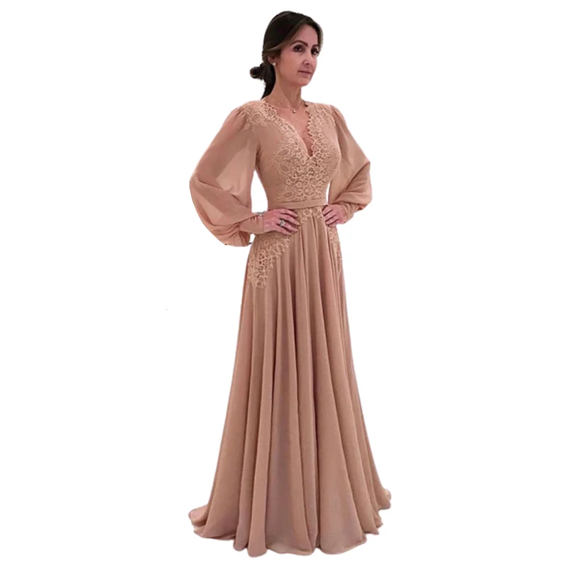

Mother of the Bride Dresses Chiffon Latten Loose Long Sleeves Deep V Neck A Line Sash Belt Champagne Wedding Party Guest Gowns