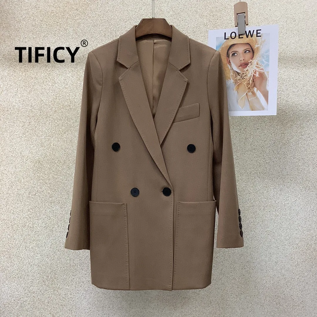 

High End Women's Suit Collar Casual Double Breasted Patchwork Commuting Slim Fitting Long Sleeved Solid Brown Blazers