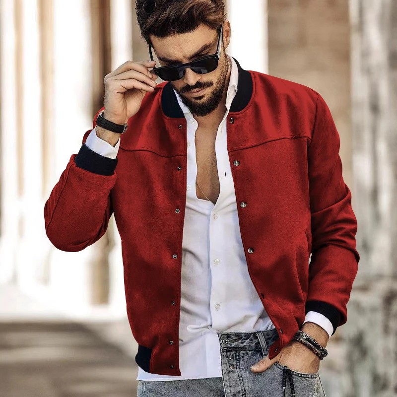 Spring and autumn suede stand collar men's button-up cardigan jacket cross-border casual fashionable American coat men folding bedside tiktok cross border bedside elderly bedside stand up help armrest