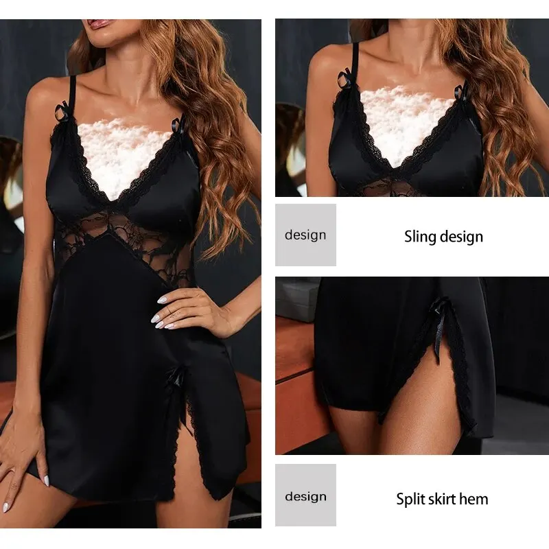 Women's Summer Lace Patchwork Satin Silk Sexy Suspender V-Neck Slim Fit Split Bow Decoration Women's Dress Pajamas