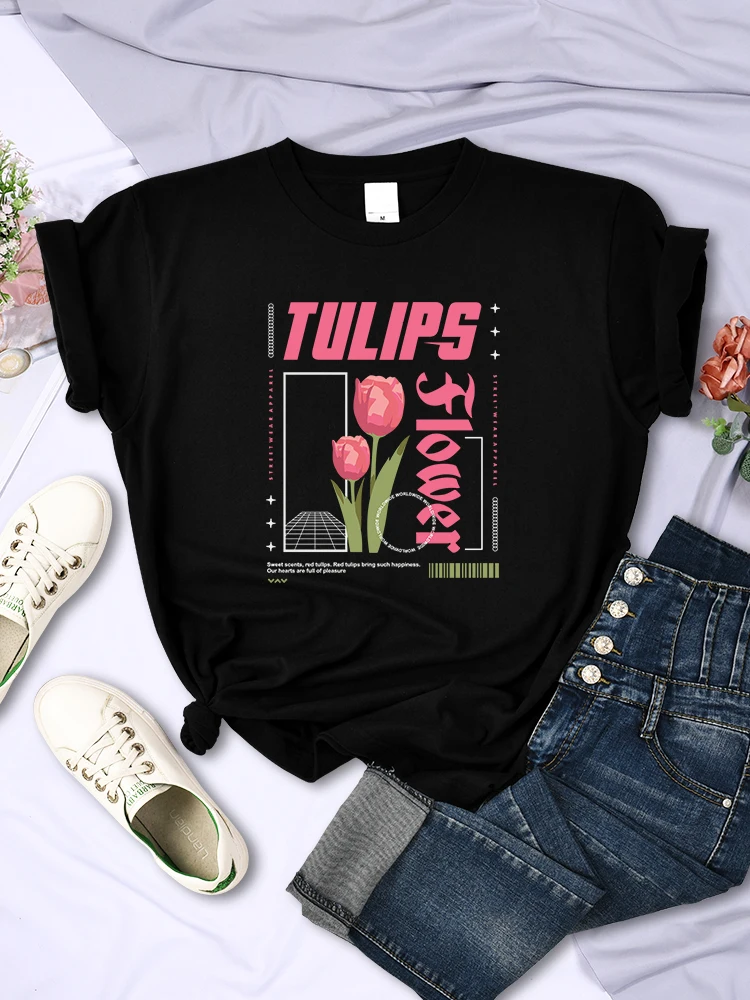 

Tulips Flower Streetwear Apparel Women T-Shirts Personality O-Neck Short Sleeve Casual Vintage Fashion Tops Female Tee Clothing