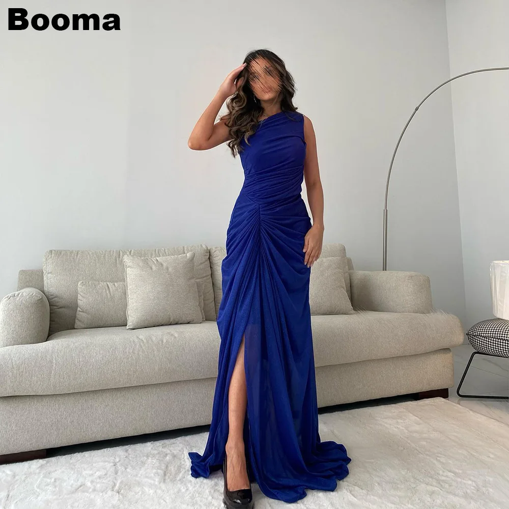 

Booma Blue Saudi Arabia Mermaid Evening Dresses Pleat Side Slit One Shoulder Formal Occasion Dresses Chiffon Prom Party Gowns