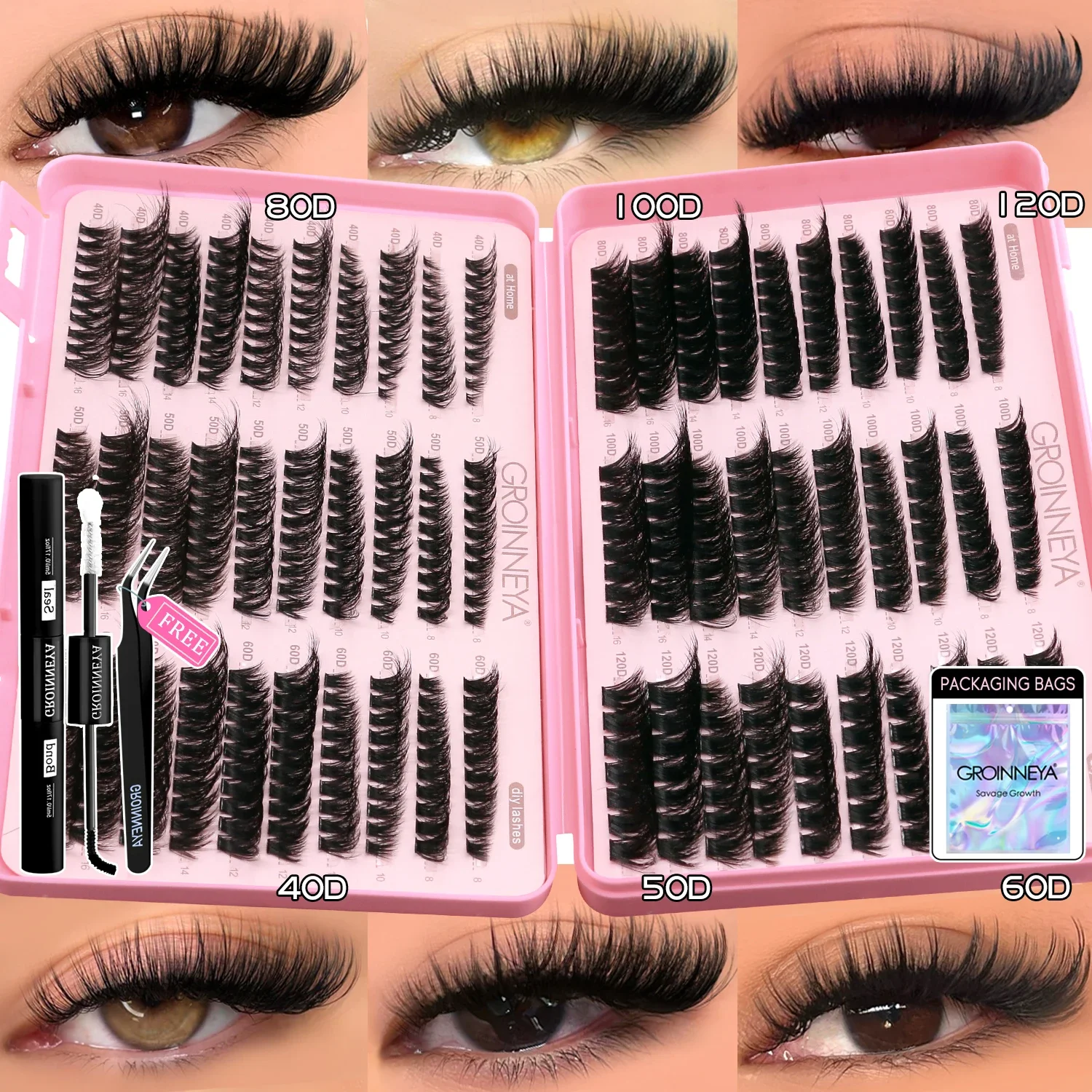 Lash Clusters Kit Cat Lashes Lash Bond & Seal Wispy Cluster Eyelash Clusters Kit DIY Eyelash Extensions at Home GROINNEYA