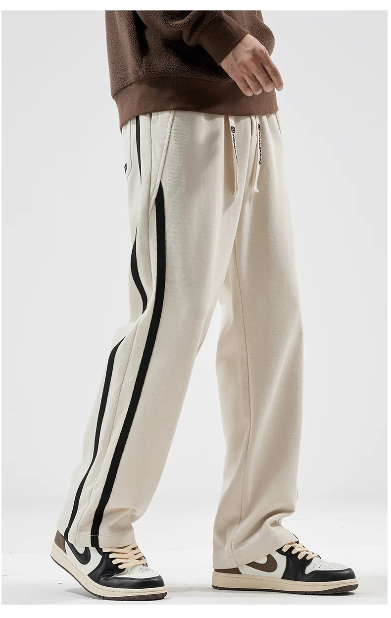 All Season Casual Soft Solid Men Cool Boys Drawstring Waist Long Floor-length Straight-legged Pants Sweatpant Striped