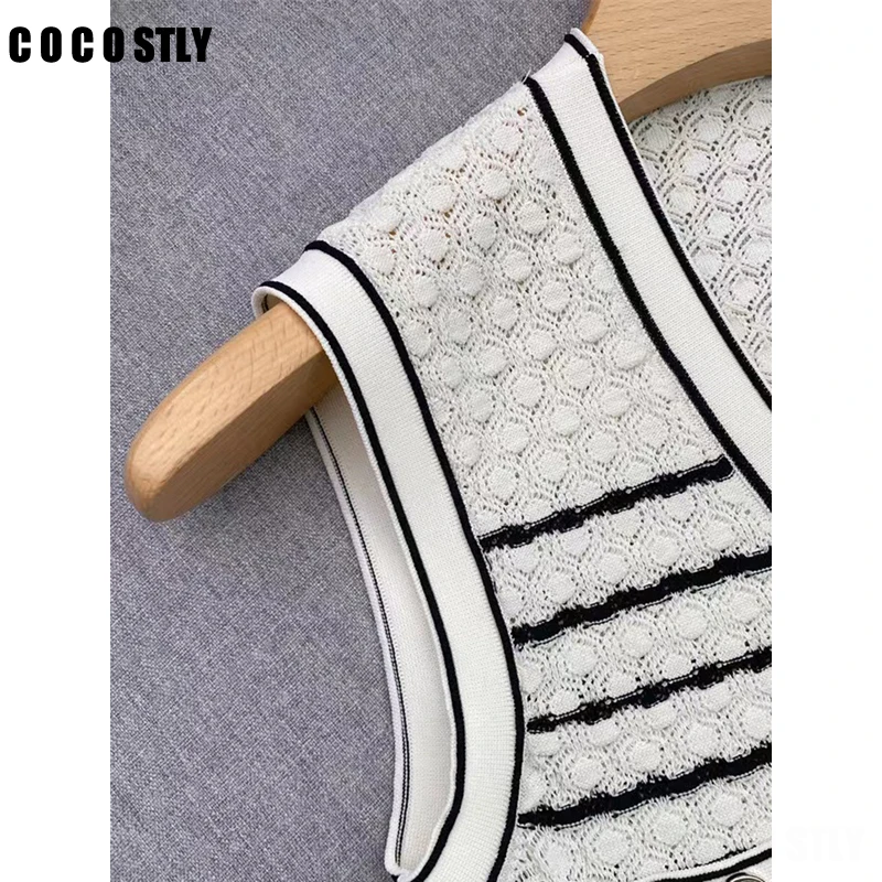 

Cocostly Spring Summer New Fashion Contrast Color Knitted Dress Women Elegant Stripes A-Line Sleeveless Slim Robe ladies 2024