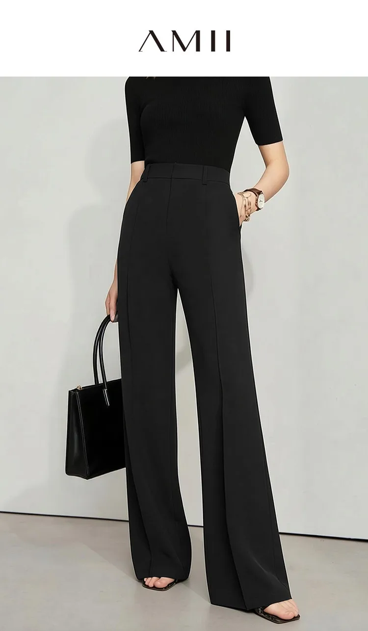 Amii Women's Flared Pants 2026 Summer New Pin Tuck Casual Trousers With Flowy Drape Simple Office Long Pants For Women 12612019