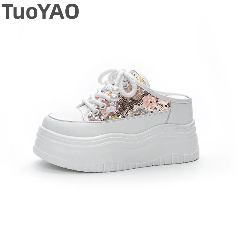 

8CM Air Mesh Synthetic Slippers Ladies Summer Round Toe High Brand Breathable Women Sandal Sequin Shoes Platform Wedge Fashion