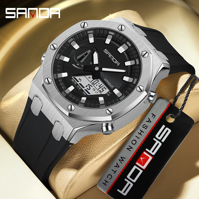 SANDA 3309 New Men's Watch Electric Multi-Function Fashion Trend Outdoor Luminous Alarm Clock Waterproof Shockproof Male Watches