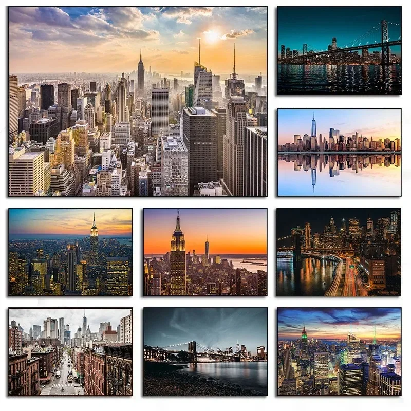 Классический стиль, ночной пейзаж Нью-Йорка, неоновый постер для строительства, печать на холсте