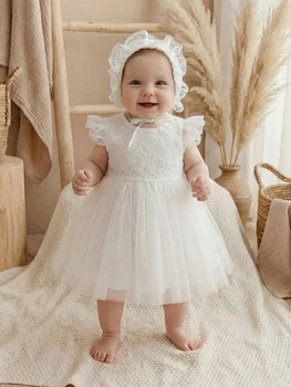 Abito da festa per bambina, 0-2 anni, abito bianco, gonna in garza di pizzo, abito da battesimo in garza soffice, abito natalizio per bambini, abbigliamento da festa