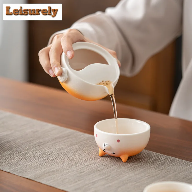 Shiba Inu Gradient Color Travel Tea Set Kit Handmade 1 Pot 3 Cups Tea Maker Organizer Portable Camping Tote Bag Decoration Craft