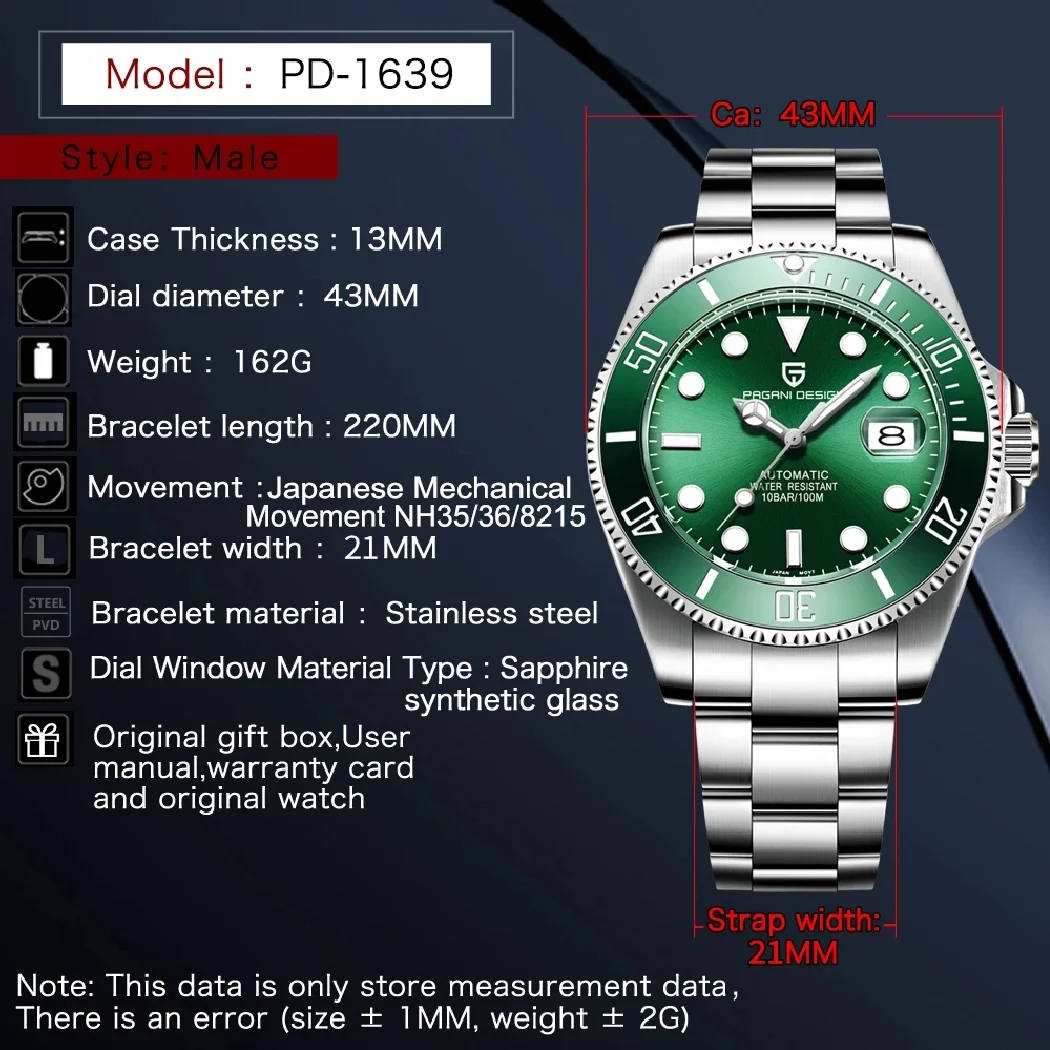 

PAGANI DESIGN Men Mechanical Wristwatch Sapphire Glass Automatic Watch 100M Waterproof Top Brand Watch for Men Relogio Masculino