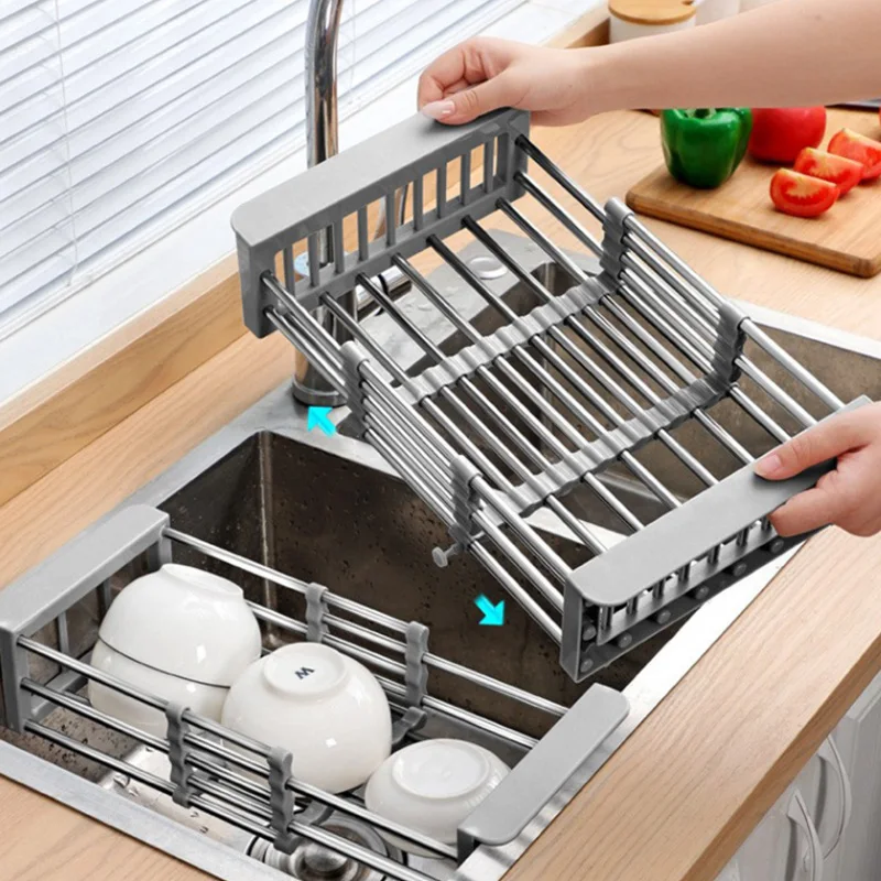 

1pc Adjustable Dish Drainer Stainless Steel Sink Drain Rack Fruit Vegetable Drain Basket Kitchen Extendable Dish Drying Rack