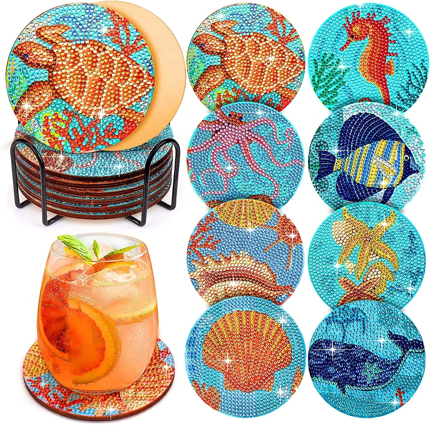 

RUOPOTY 8pc/sets Diamond Painting Coasters Kits 5D Ocean Drinks DIY Coaster Diamond Art Kits For Adults Kids Beginners