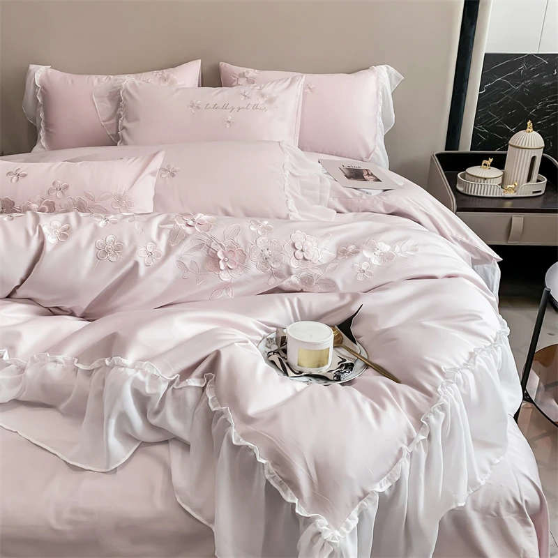 Waliicorners Lace Edge Quilt Duvet Cover Set Bed Linen Pillow Shams 1200TC Egyptian Cotton Silvery Flowers Embroidery Princess Bedding Set 16 S877003428c974532a9c4a75e69b4d00bd