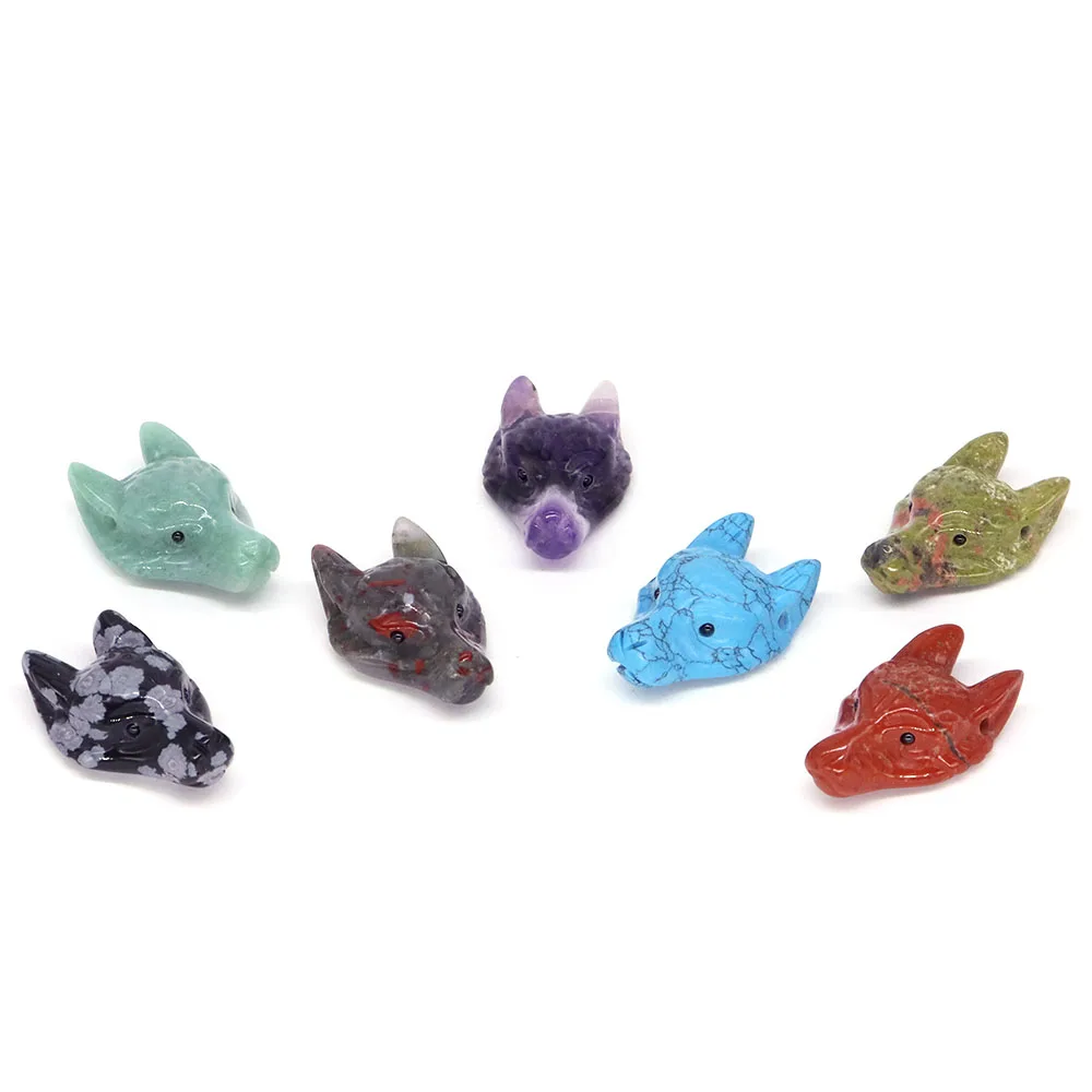 1.5" Wolf Head Pendant Natural Healing Stone Amethyst Crystal Carved Animal Statue Decor Gemstones For DIY Necklace Jewelry Gift