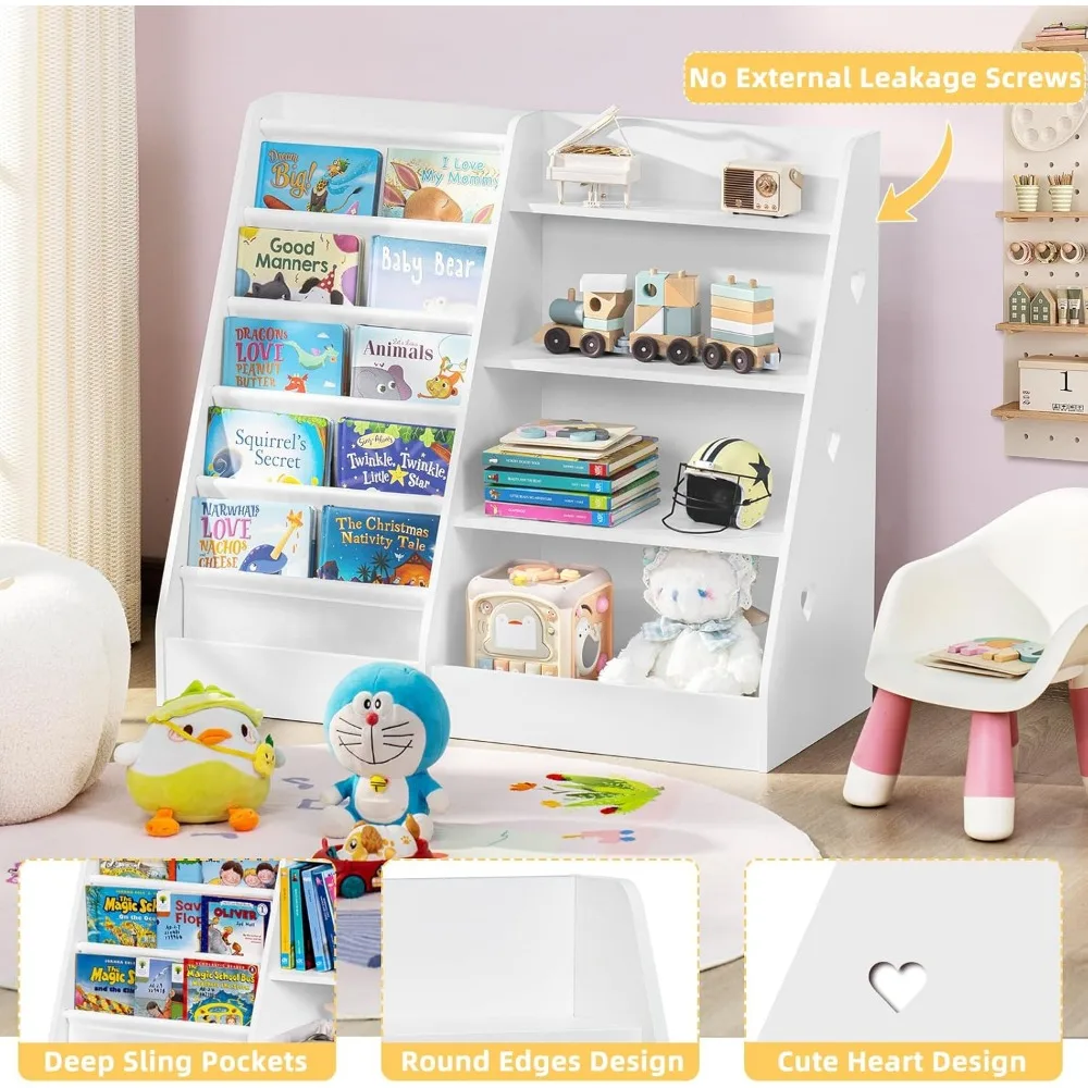 4 Tier Kids Bookshelf and Storage Organizer, Five Layer Sling Children Bookcase, Baby Toddler Wooden Book Shelf
