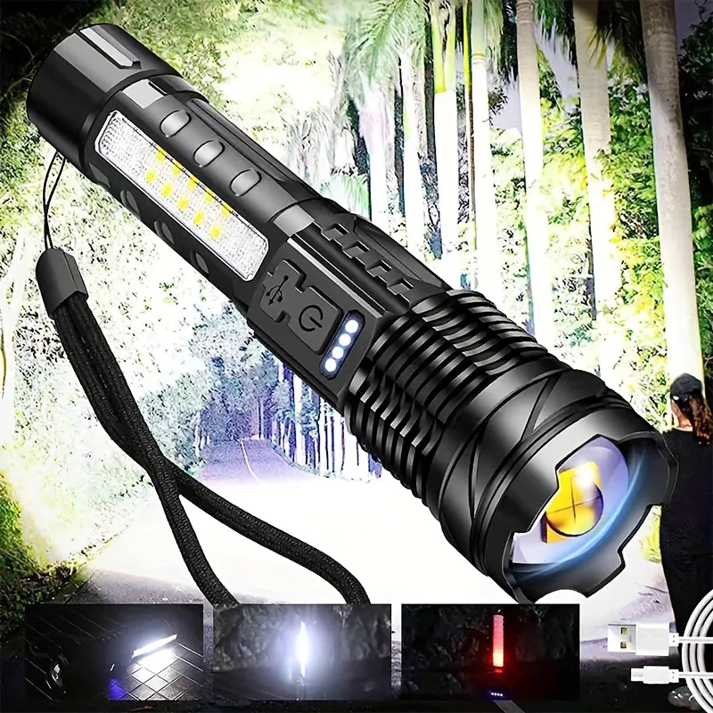 XHP50 LED Flashlight Powerful COB Side Light Tactical Telescopic Zoom Torch Rechargeable Waterproof for Outdoor Camping Fishing