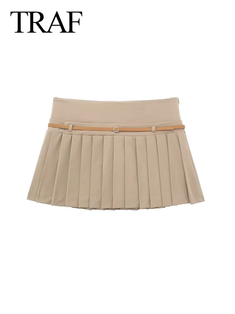 

TRAF Elegant Khaki Culottes For 2024 Women Spring Solid Versatile Pleated Belt High Waist A-Line Fashion Casual Chic Pantskirt