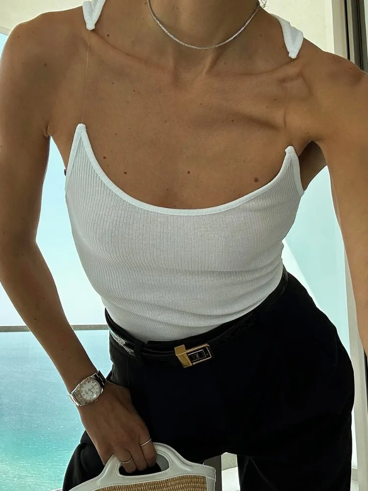 New Invisible Strap Tank Top For Women Knit Ribbed Sleeveless Basic T-Shirt Cropped Corset Bustier Tops With Open Shoulder