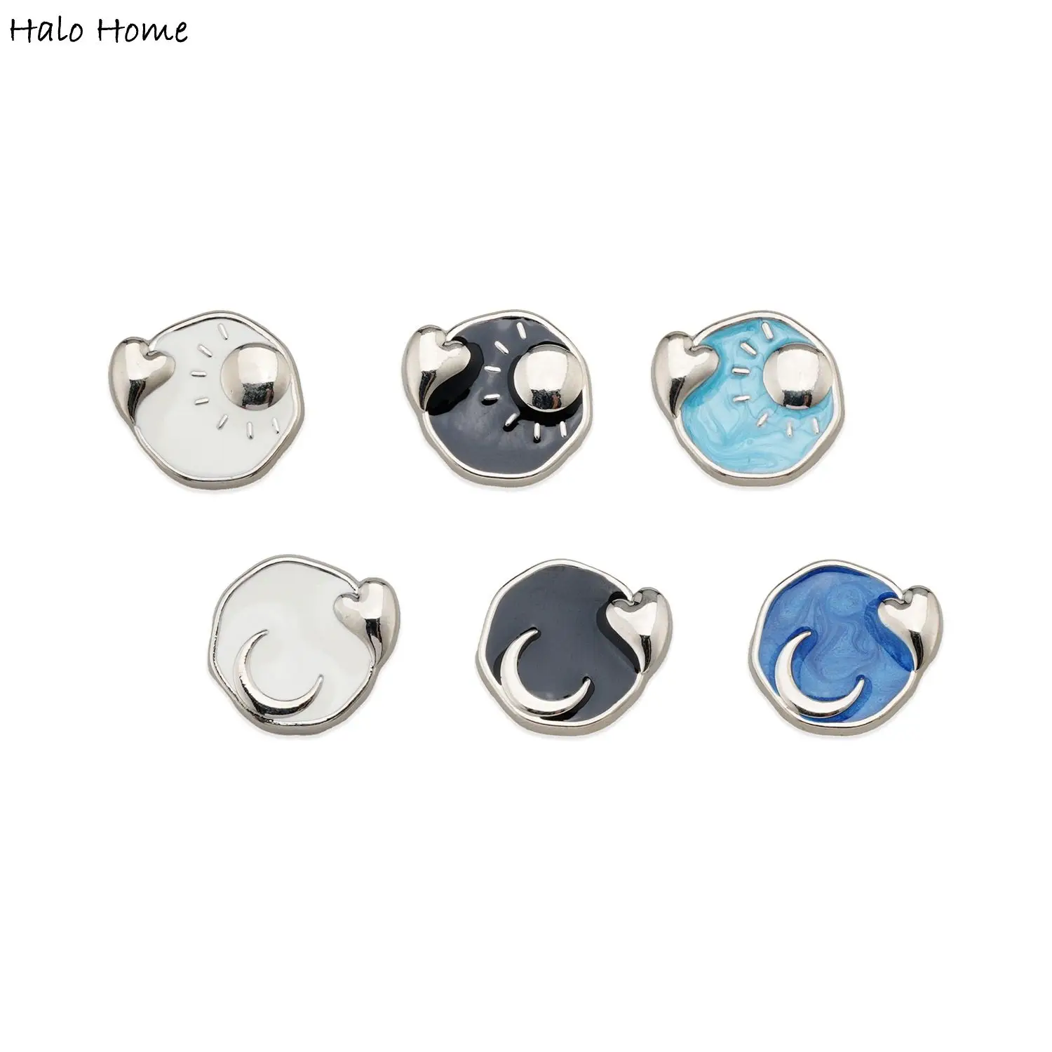 5개 실버 하트 & 달/태양 에나멜 불규칙 모서리 금속 버튼 손잡이 포함 - 디자인 - 빈티지 스타일 바느질 액세서리 18mm