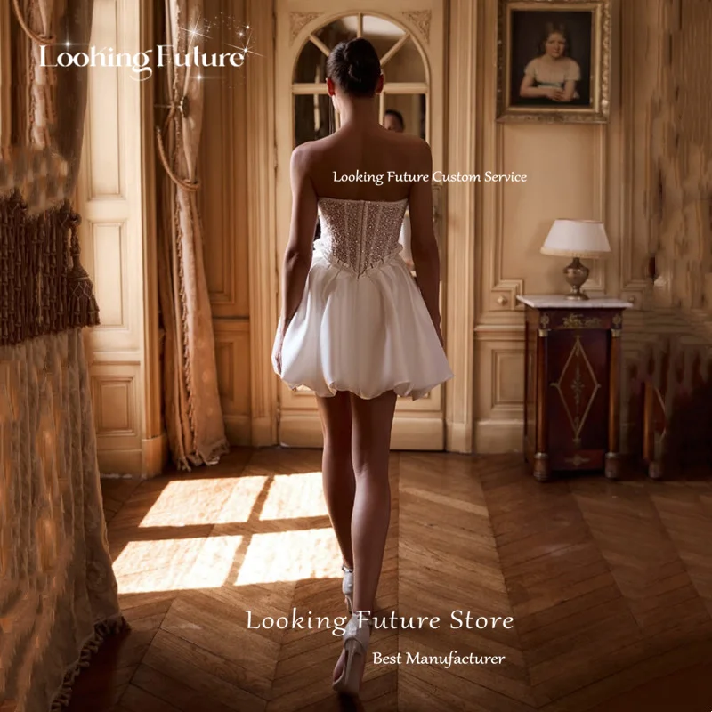 Elegant Short Ivory Sleeveless Wedding Dress Strapless Mini Bride Dress Pleat Beaded Pearls 2025 Sexy Backless Satin Customized 12 S87706320f8e34349bbd53dc7e0a7a31dm