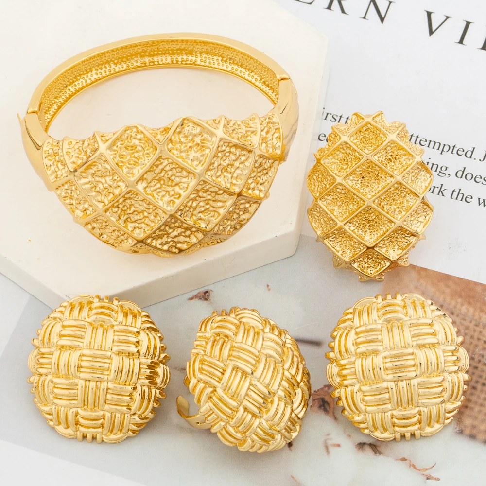 

New Bangle with Ring Jewelry Set for Women African Dubai Earrings and Ring Bridal Set for Engagement Brazilian Jewelry Gifts