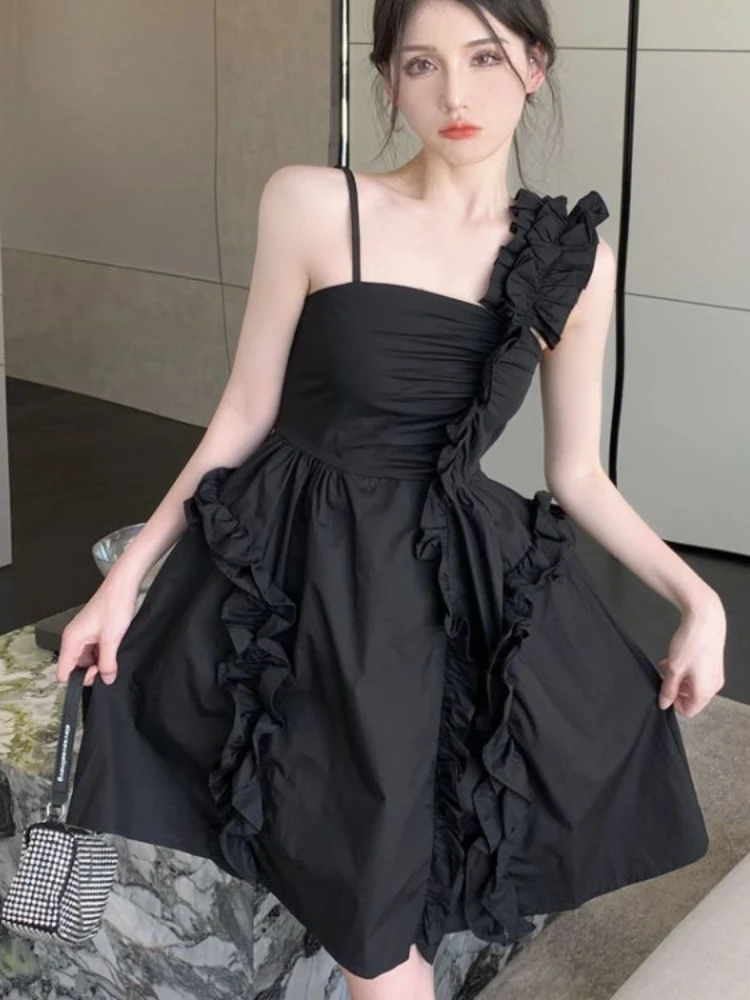 

Summer Woman Dress 2023 Vestidos De Mujer Sweet Ruffles Black Robe Femme High Waist Tunic Fashion Vintage Backless Sexy Dresses