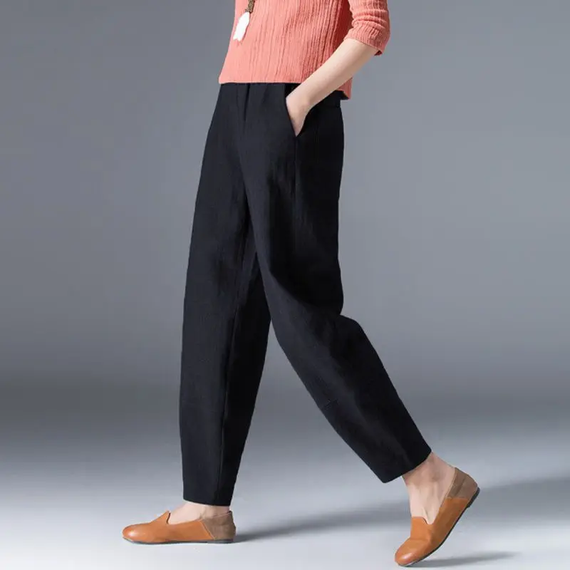 2024 New Summer Minimalist Casual Fashion Retro High Waisted Pocket Loose Cotton Linen Nine Point Radish Pants for Women