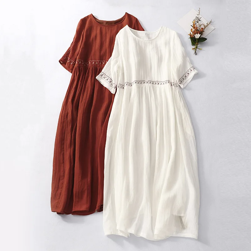 

2023 New Fashion Mid length Ramie Dress Women's Art Embroidery Ramie Temperament Long Dress