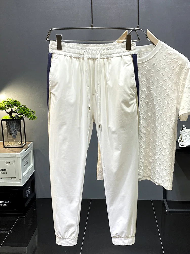 White Ice Silk Thin Casual Pants Men's Summer Slim Fit and Quick-Drying Sports Transparent Loose Tappered Cropped Pants
