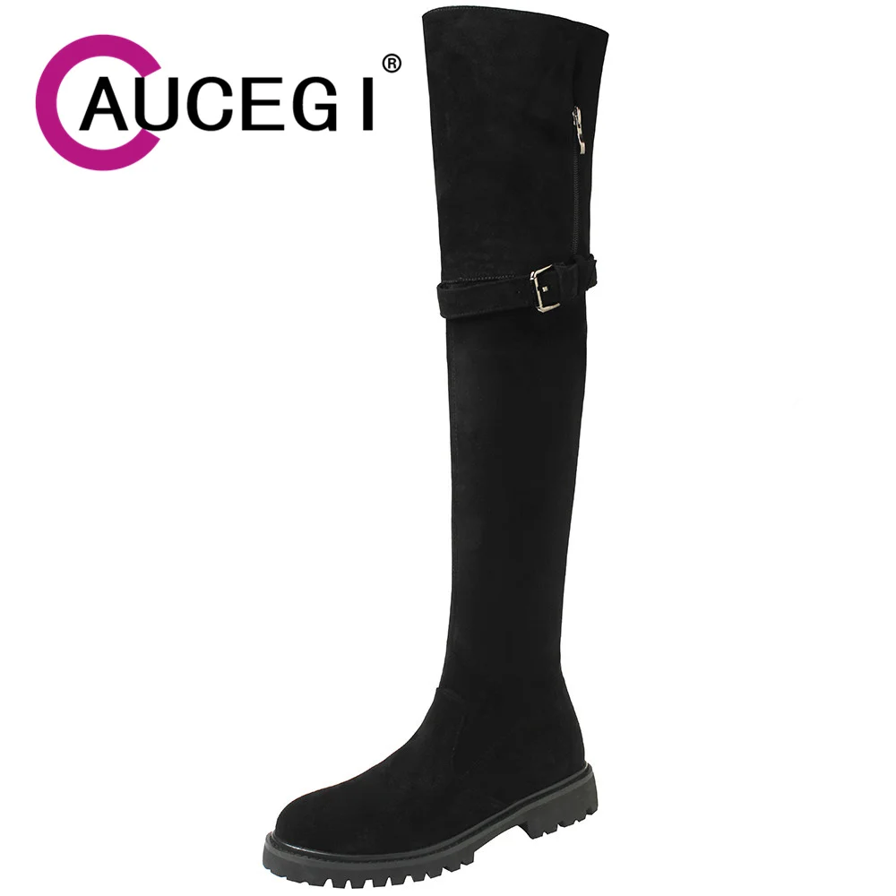 

Aucegi New Women Over The Knee Boots Autumn Winter Fashion Round Toe Casual Quality Suede Zipper Thick Heels Party Shoes Apricot