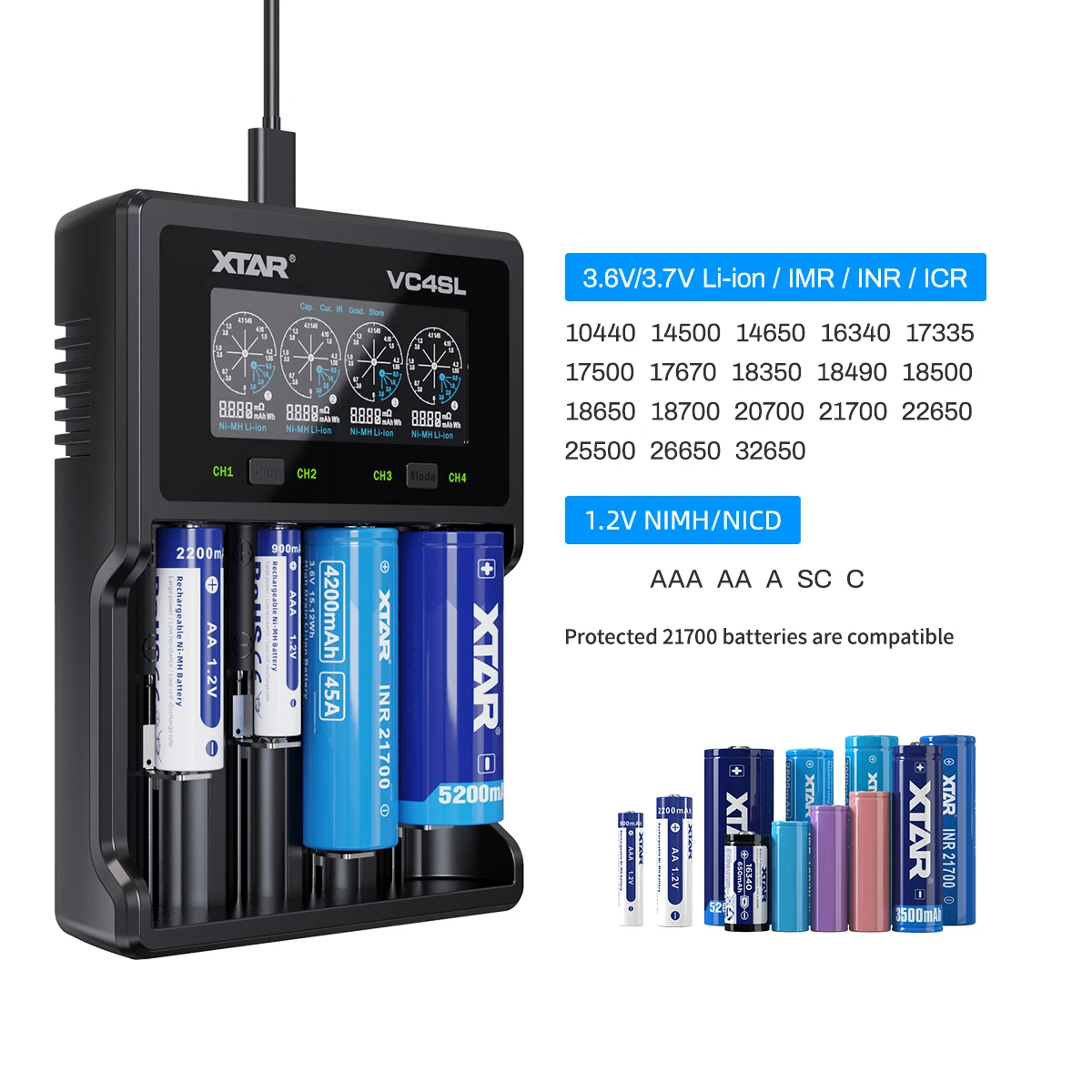 XTAR VC4SL 18650 Battery Charger USB C QC3.0 Fast Charge 1.2V Ni-MH AAA AA Batteries Rechargeable Li ion 21700 Battery Charger battery charger fast charger battery charger adapter