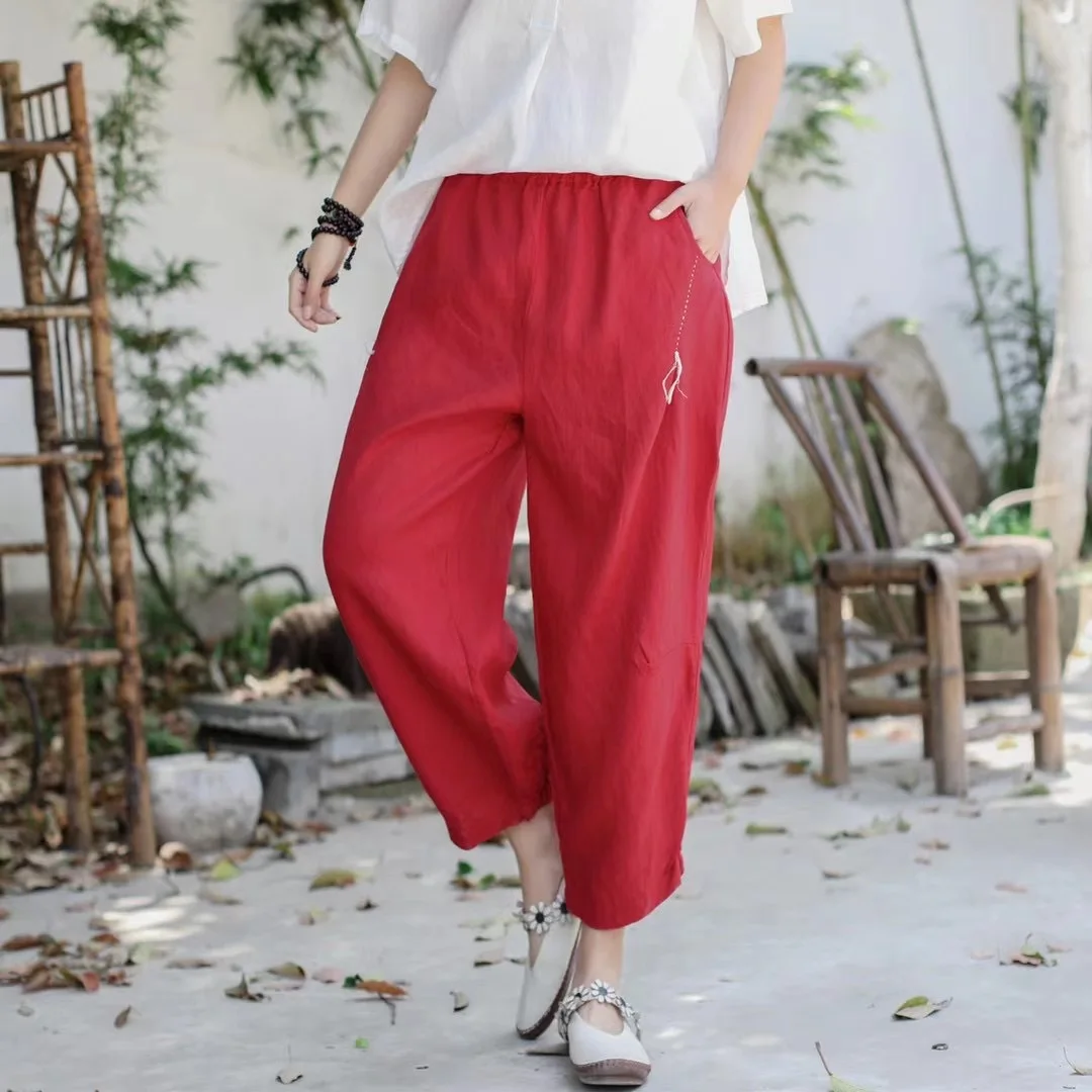 Women Linen Pants Ladies Elastic Waist Flax Pants Female Solid Color Embroidered Linen Trousers Summer Calf Length Pants FT91 denim capris