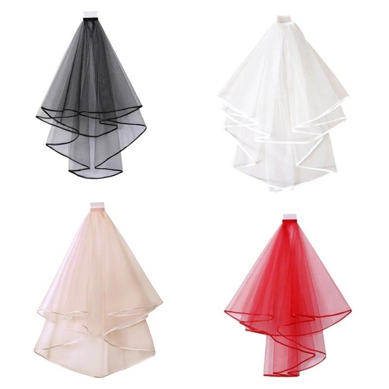 Double Mesh Tulle Ribbon Edge Women Short Wedding Veil with Comb Bride Headpiece