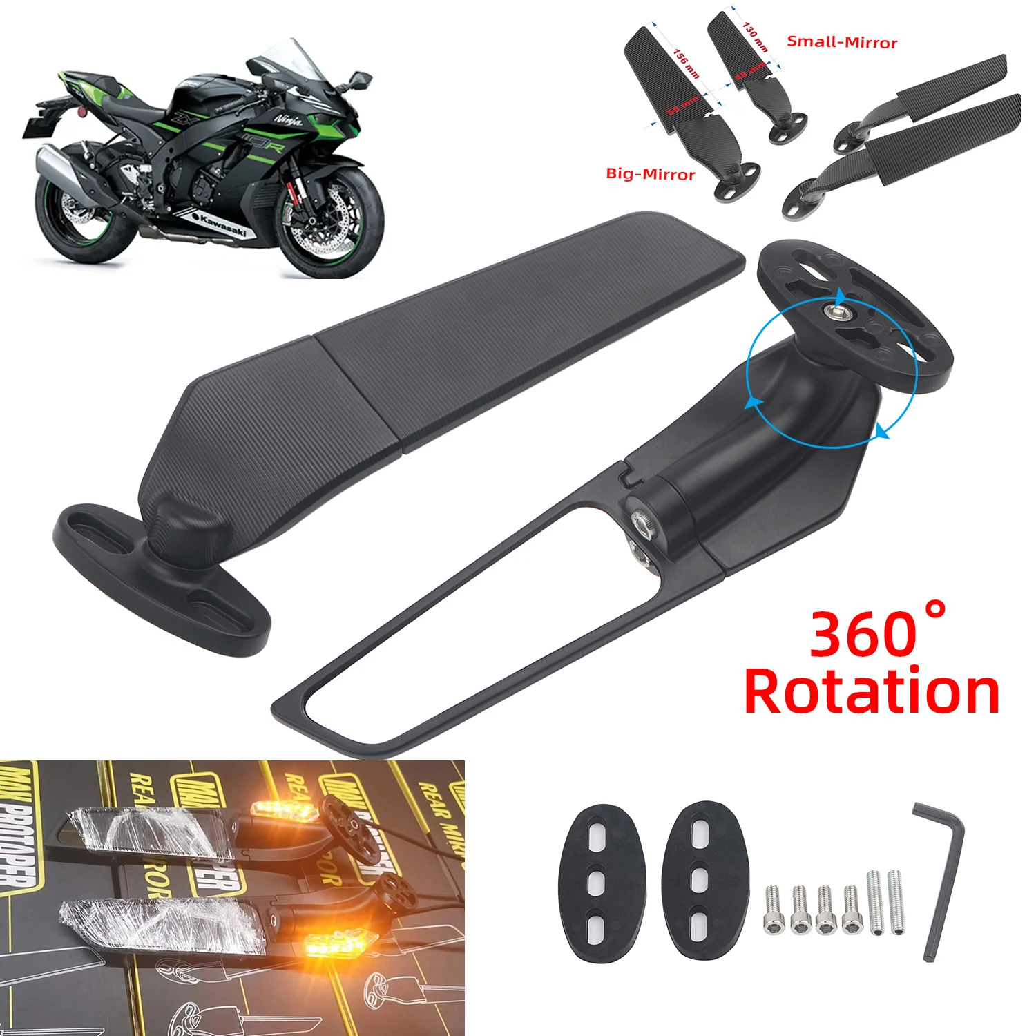 

For Kawasaki ZX10R ZX9R ZX7R ZX6R ZX636 ZX12R ZX14R Motorcycle Mirror Modified Wind Wing Adjustable Rotating Rearview Mirror