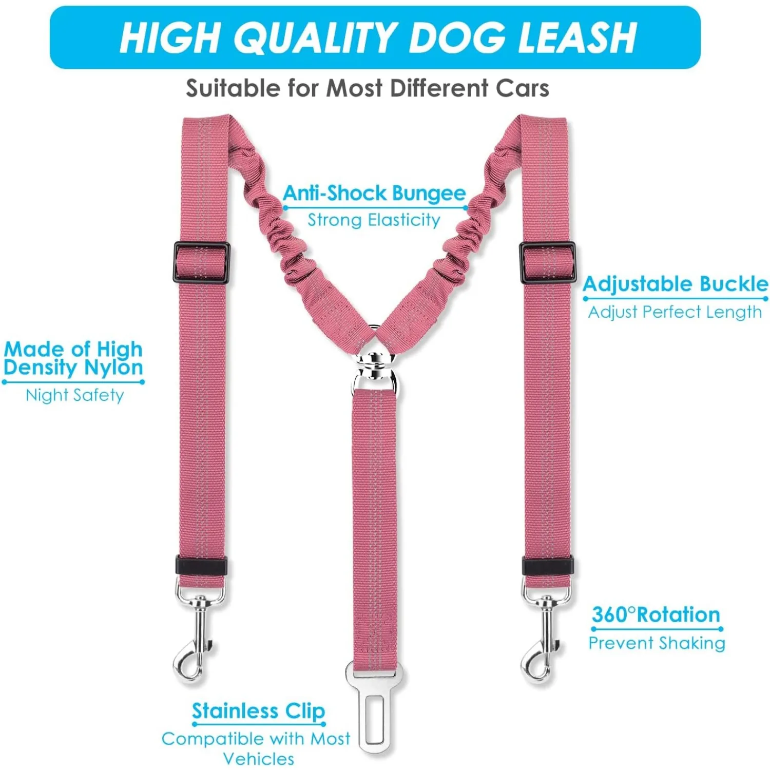 Double Dog Safety Seat Belt Adjustable Elastic Car Safety Leash Shock Reflective Dog Vehicle Restraint Drive Pet Belt