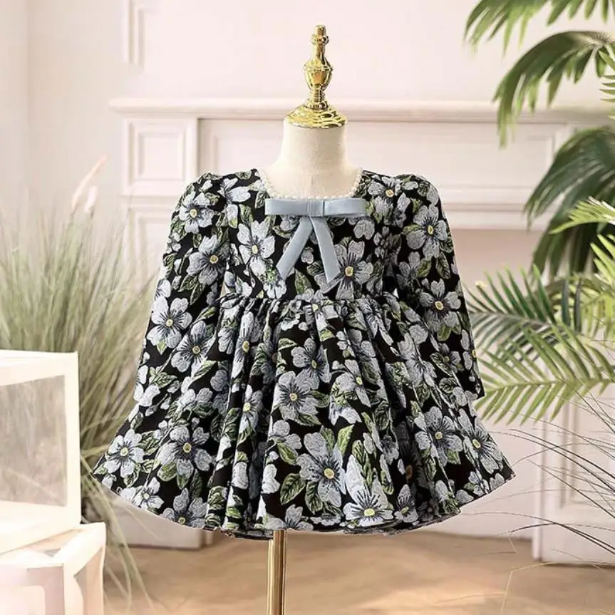 

2023 Children's Princess Evening Gown Bow Pearls Long Sleeve Design Birthday Baptism Eid Party Girls Print Dresses A2826
