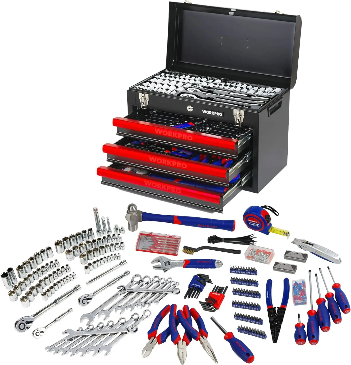 

WORKPRO 408-Piece Mechanics Tool Set, General Household Home Repair Tool Kit with 3-Drawer Heavy Duty Metal Box,