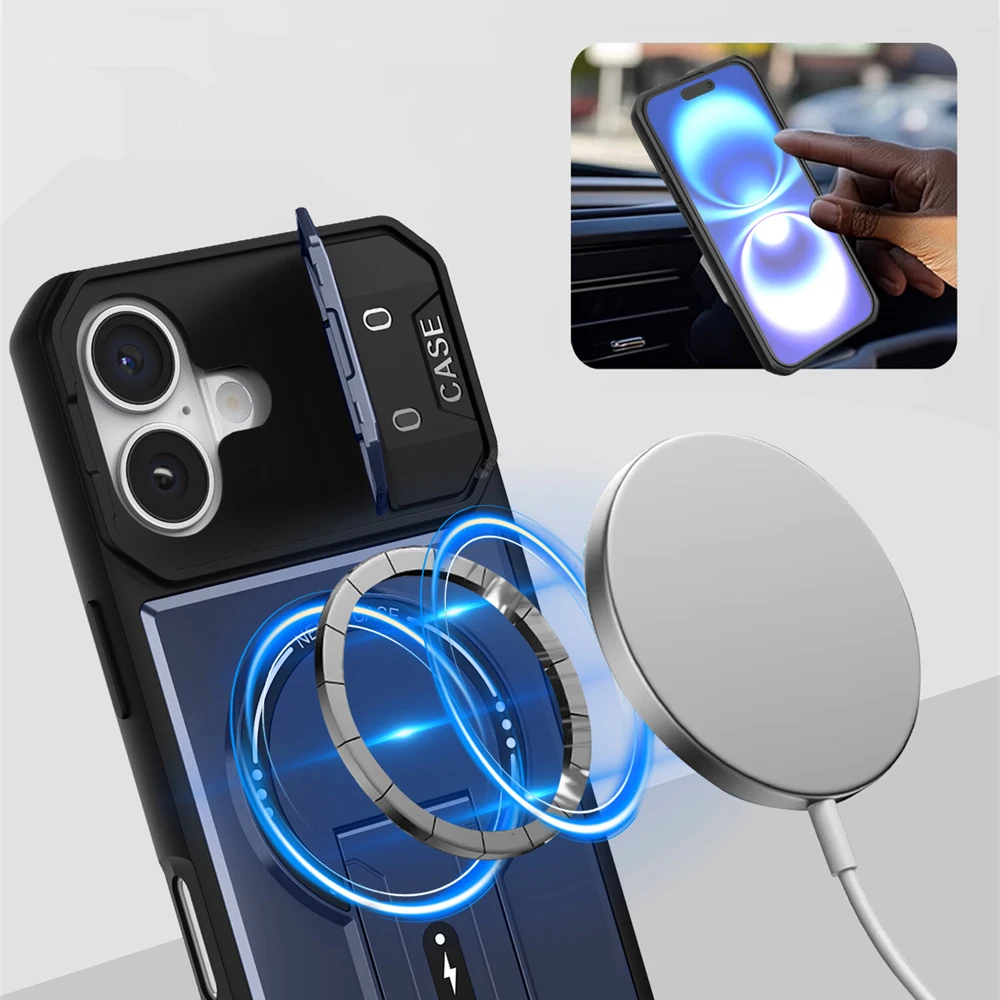 Premium Magnetic Flip Phone Case with Full Lens Protection and Fold Stand for Magsafe Military Cover