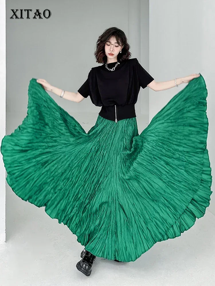 

XITAO Pleated Solid Casual Skirts Women Korea 2024 Summer New Arrival Personality Fashion Loose Elastic Waist Skirts DMJ1498