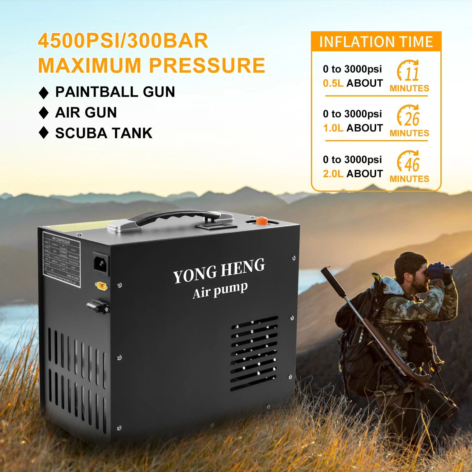 YONGHENG 4500Psi 300Bar 12V PCP 공기 압축기 고압 압축기 자동 정지 내장 12V 전원 어댑터 다이빙 PCP 소총