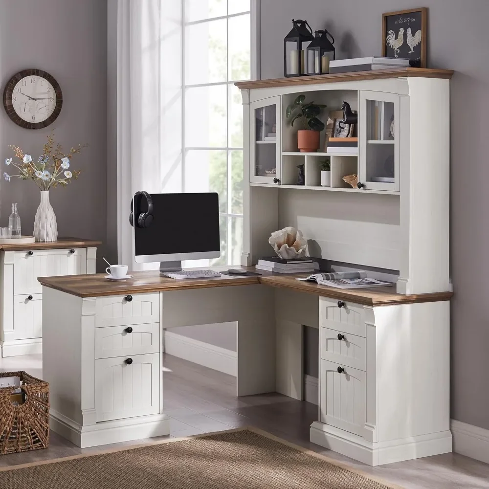 60" L Shaped Executive Desk with Hutch and Drawers,  Home Office Desk with Charging Station, File Cabinet Storage, 5