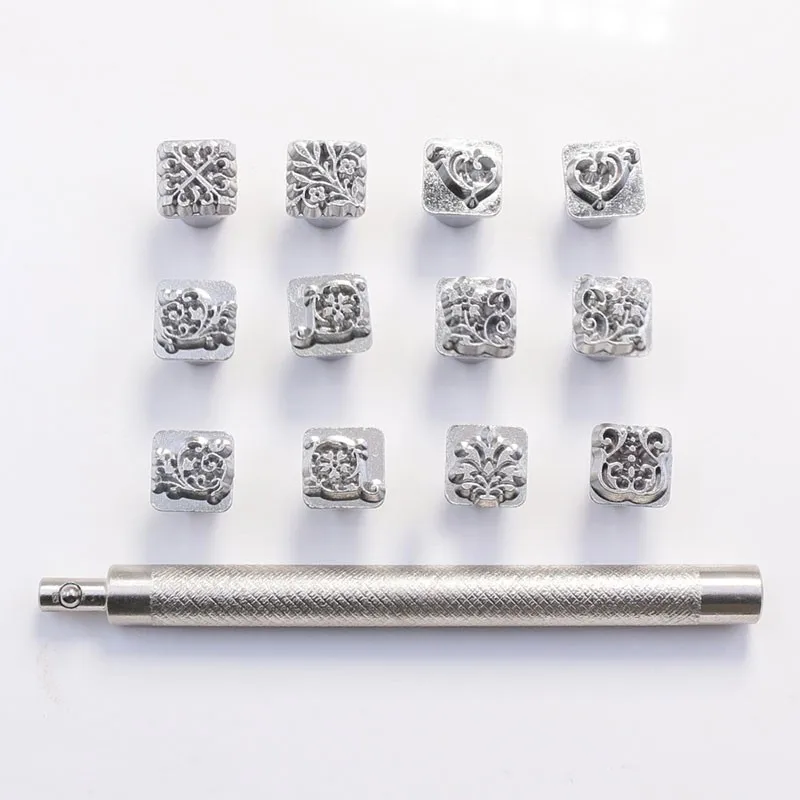12Pcs Leather Stamping Punch Tools Silver Metal Carving Printing Kit Handmade Embossing DIY Craft Pattern Seal Punching Set