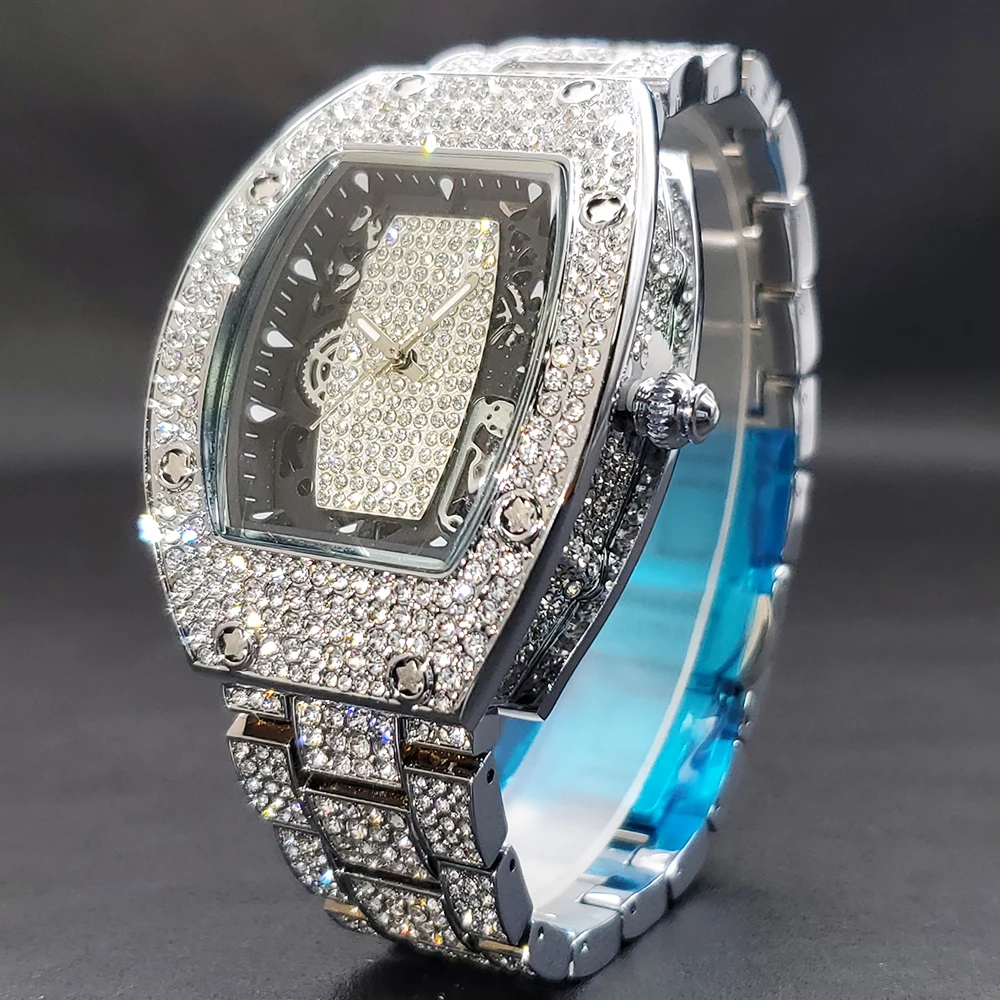 Dropshipping Tonneau Men's Quartz Watch Full Iced Diamond Fashion Hip Hop Big Watches For Male Luminous Waterproof reloj hombre