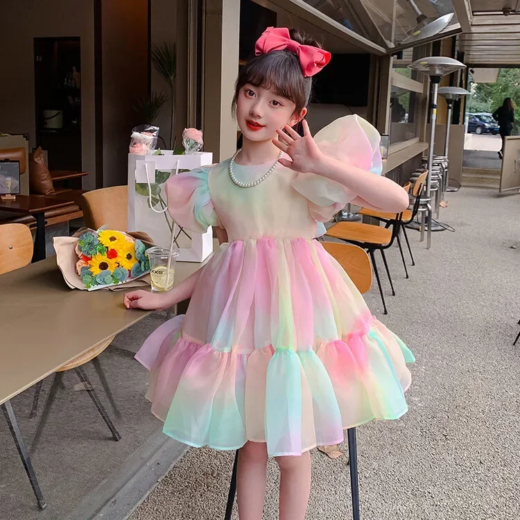 Ball Gown Girls Rainbow Tulle Dress Modern Stylish Kids Rainbow